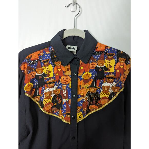 Vintage 80's Tapestry  Button Front Shirt Bear Halloween Novlety Print Shirt - Picture 3 of 8